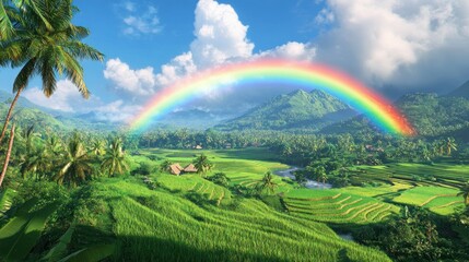 Fototapeta premium A rainbow stretches across the sky above the expanse of green rice fields and coconut trees.