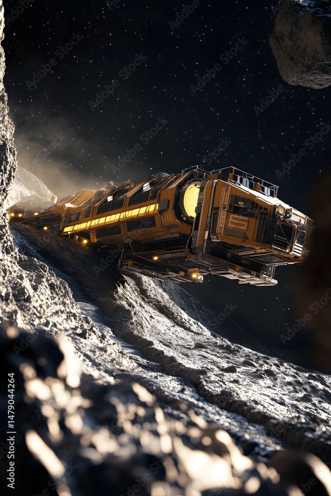 Poster asteroid mining equipment extracting resources in the darkness of space