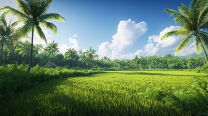 Obraz premium Vast expanse of rice fields with beautiful green trees and coconut trees under the blue sky.