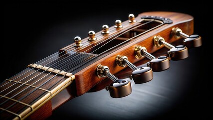 Fragment of a guitar with intricate strings and tuning pegs on black background