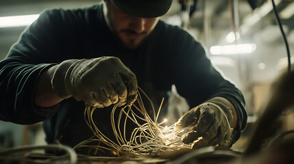 Worker Handling Wires in an Industrial Setting