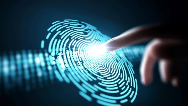Digital fingerprint scan with glowing blue light, biometric authentication, security technology, identification, digital scan, sensor touch, and futuristic interface for authentication and data - Powered by Adobe