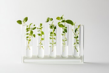 Modern plant propagation station with test tube holders, rooting vines in water, botanical science aesthetic with soft shadows and minimalist design.