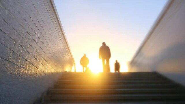 Golden Ascent: Silhouette of people ascend the stairs into the sun, symbolizing new beginnings, ambition, and optimism against a backdrop of a radiant sunrise.