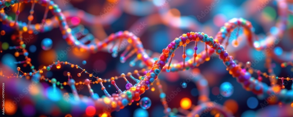 Poster synthetic biology concept. abstract representation of dna strands with colorful molecular structures