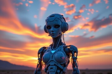 Synthetic biology concept. Futuristic robot against a vibrant sunset sky.