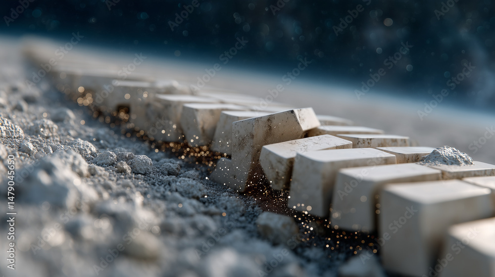 Poster concrete path: a close-up perspective reveals a path of evenly spaced concrete blocks embedded in ro