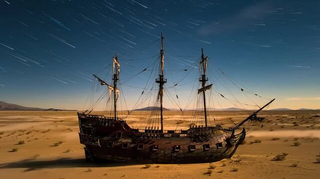 old ship time laps in the sea of sand