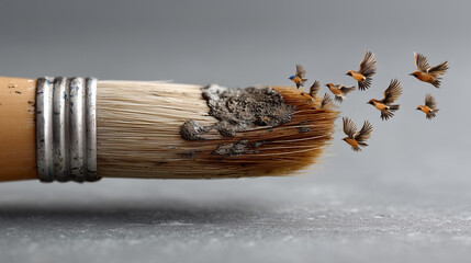 Artistic Liberation: A close-up shot of a paintbrush releasing a flock of small birds, illustrating freedom, creation and the boundless nature of art.