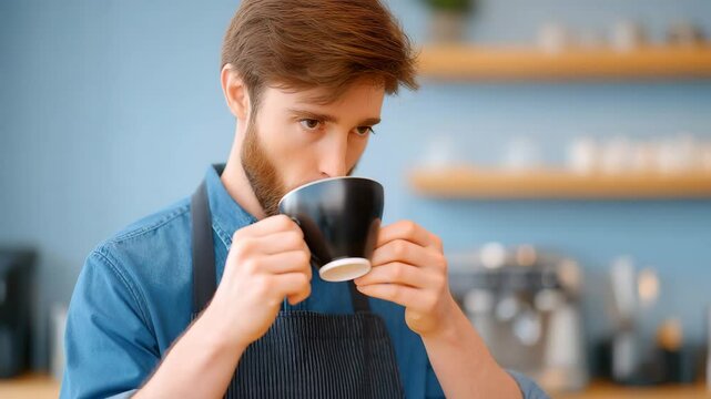 Coffee Connoisseur's Moment: A barista indulges in a sensory ritual, savoring the aroma and taste of a freshly brewed coffee, surrounded by the comforting ambiance of a cozy cafe.