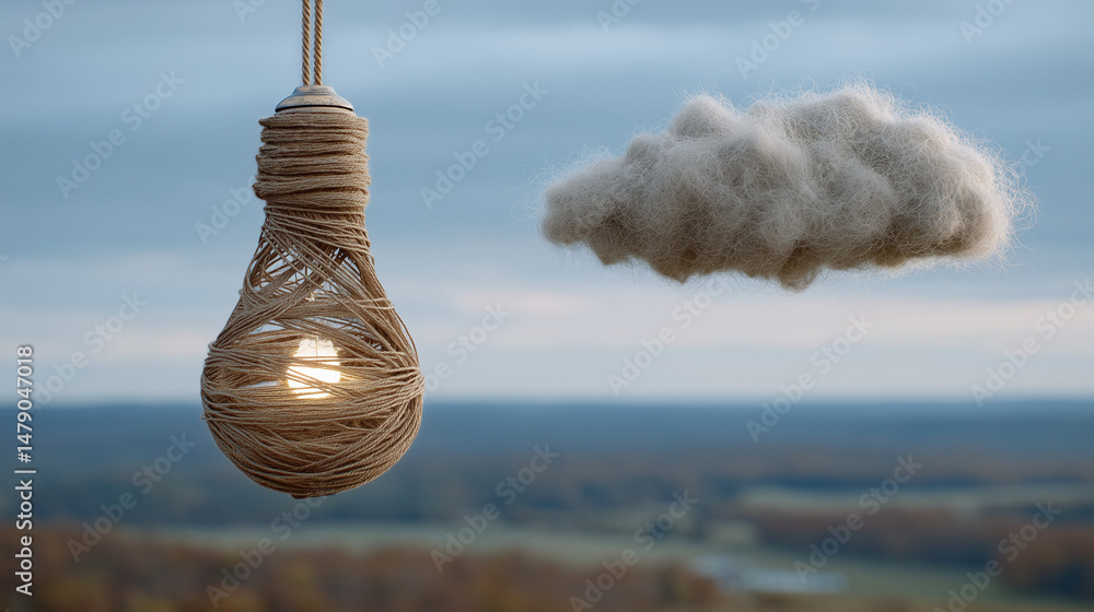 Poster twine-wrapped lightbulb: a rustic lightbulb wrapped in twine illuminates the scene, juxtaposed again