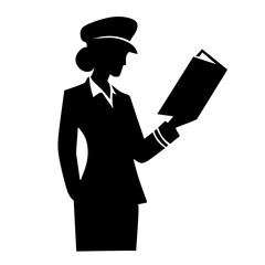 Silhouette of a female pilot reading maps. isolated on white