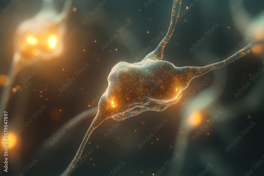 Poster neuron cell body close up with glowing synapses and axons in a dark abstract microscopic view scienc