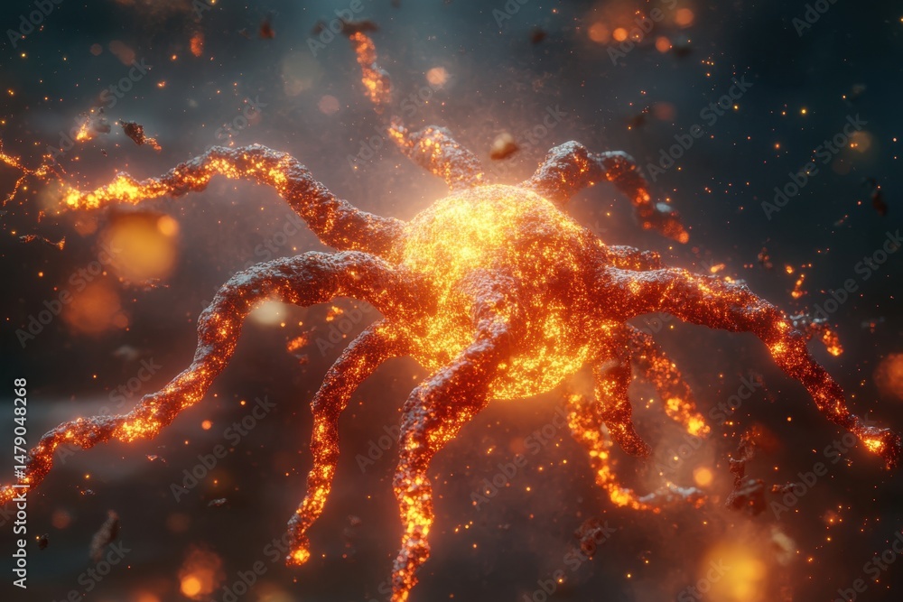 Poster glowing neuron cell body with dendrites abstract microscopic view detailed render science concept ne