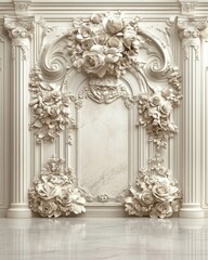 Ornate plasterwork wall with floral decorations and marble frame, elegant architectural detail, studio shot, neutral tone
