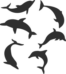 Obraz premium Collection of dolphin silhouettes in dynamic swimming poses, black vector illustration for ocean, and wildlife designs 