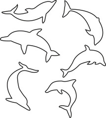 Minimalist dolphin line art collection, ocean animal outlines for marine, wildlife, and nature designs
