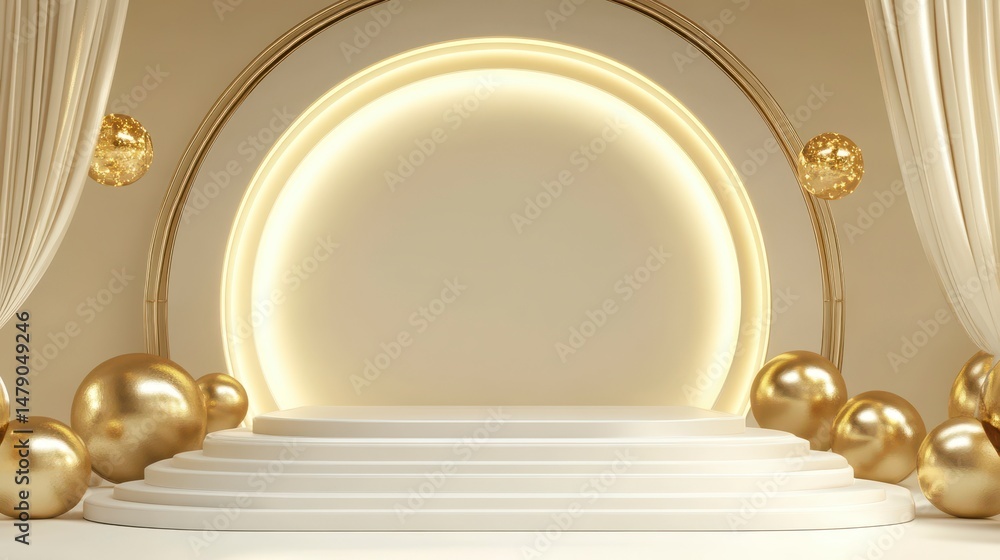 Poster Elegant 3D rendered product display with gold spheres and a circular backdrop.