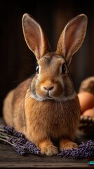 Fototapeta premium Curious brown rabbit posing near lavender sprigs in dark setting
