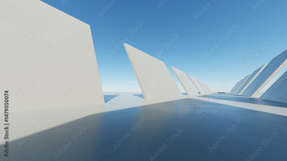 Poster 3d render of abstract modern geometry architecture with empty cement floor, minimal exterior, car presentation background.