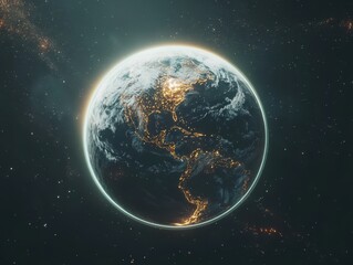 Earth from Space View with City Lights Glowing at Night, Realistic Render, Digital Art, Space Background