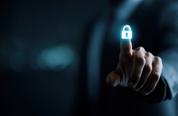 Close-up view of a finger touching a glowing lock symbol.