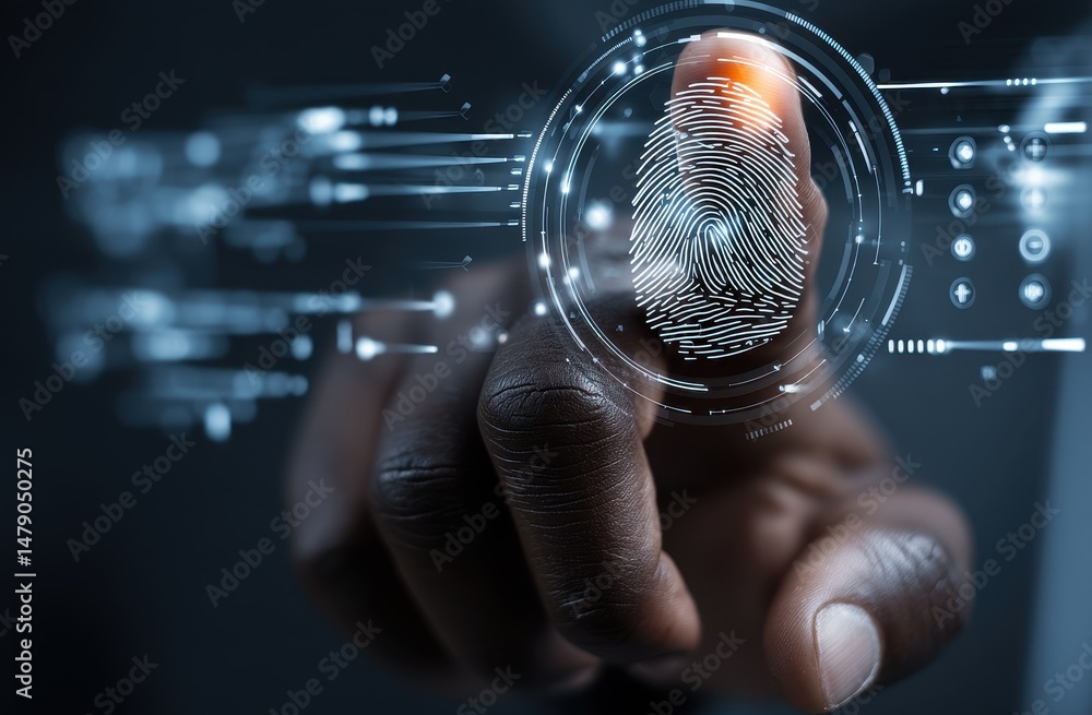 Poster modern digital fingerprint scan on a dark background.