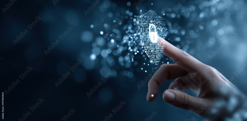 Poster digital hand touching a security symbol in a technology interface.