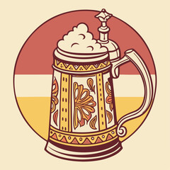 Frothy Beer Mug Vintage Style Vector Illustration – Cheers Toast, Clinking Glasses, Refreshing Lager with Foam. Bar, Pub, Oktoberfest, Celebration Icon
