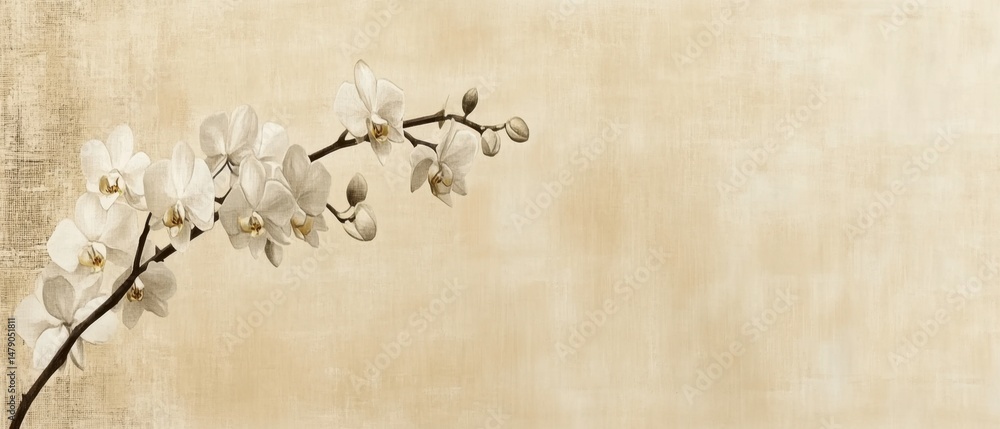 Poster delicate white orchid branch displayed on neutral textured background in studio shot with copy space
