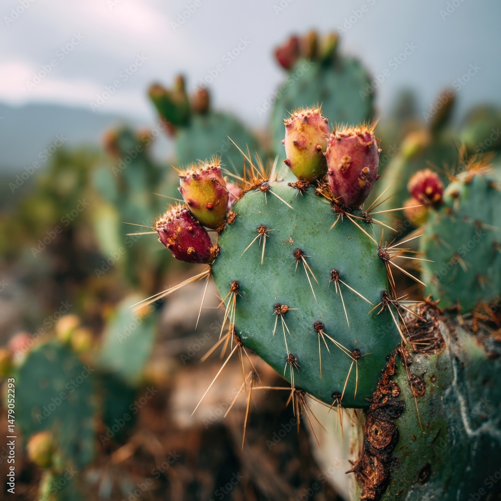 Aufkleber close-up of prickly pear cactus with fruit in natural setting showcasing its texture and color in ar