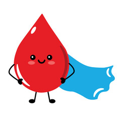 Cartoon Blood Drop Character With Superhero Cape in Cheerful Style. A cute cartoon blood drop character wearing a blue cape, symbolizing strength and vitality. Ideal for campaigns promoting donation 