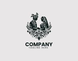Elegant Indian Traditional Wedding Couple Illustration Vector Logo Design,  Graceful Indian Bride and Groom Traditional Attire Vector Logo