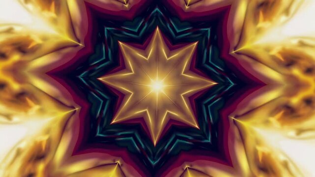 Pulsating geometric kaleidoscope pattern featuring vibrant eight pointed star with gradient colors morphing in seamless animation