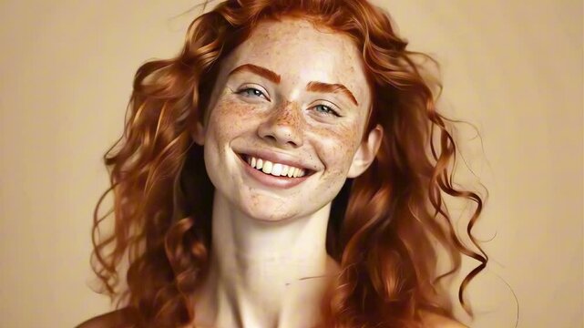 Portrait of smiling laughing red-haired girl model with bright freckles on plain beige background. Lifestyle, happy young woman model with unusual appearance