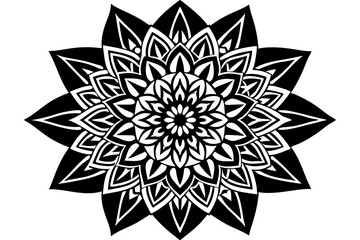 Black and white floral mandala pattern vector illustration with abstract flower, leaf, and snowflake elements for a winter vintage design