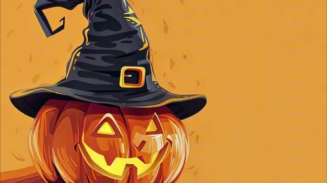 Halloween holiday card, illustration. Pumpkin with glowing eyes in a wizard's hat on an orange background. Space for your text