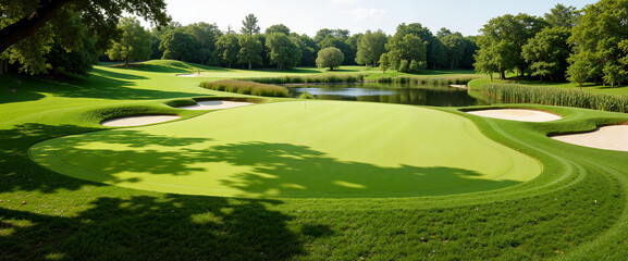 Aerial view of golf course for promotional banners, presentations or tournament site designs