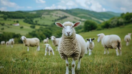Obraz premium A sheep stands in a grassy field, looking directly at the camera, surrounded by other sheep and lambs