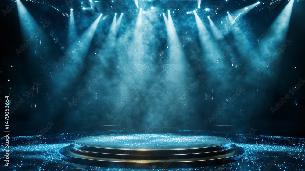 Poster empty stage with blue spotlights and smoke, perfect for product display or event background.