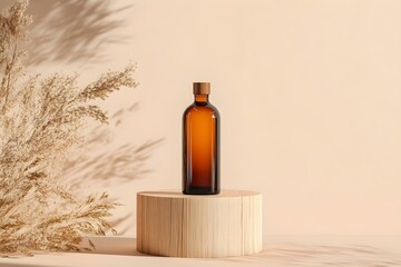 Obraz premium Mock-Up Amber Glass Bottle on Wooden Podium