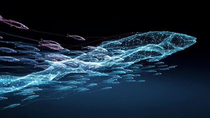 Digital illustration of whale and fish formed by glowing blue lines and dots, symbolizing technology, connection, and marine life futuristic ocean scene, with abstract digital fish swimming network