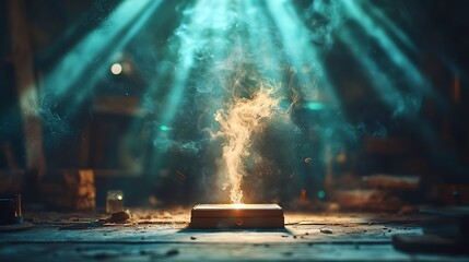 Mystical beam of light erupts from a box in a dimly lit, ruined room