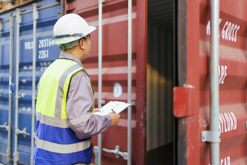 Customs clearance officer or shipyard engineer is inspects against the import - export cargo containers.