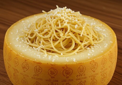 Spaghetti served inside a cheese wheel with grated parmesan on a wooden table
