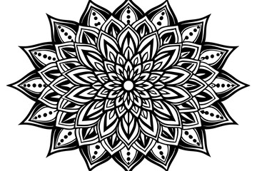 Abstract black and white floral mandala pattern with intricate flower, leaf, and star elements, perfect for vintage ornament design, tattoo, or snowflake illustration