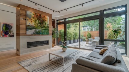 A modern living room with a fireplace, a large window, and a couch