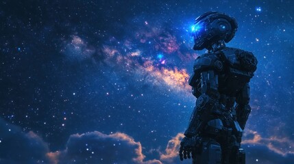 A robot standing on the edge of the Milky Way, watching the universe unfold