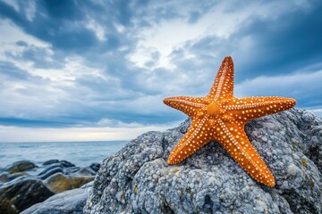 Bright orange starfish on rocky shore under cloudy sky at seaside, Bright orange starfish on rocky shore with cloudy sky and ocean backdrop