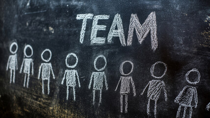 Chalkboard drawing of figures under the word 'team'.
